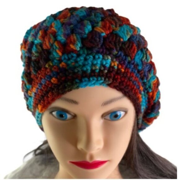 Crochet Slouch Hat Slouchy Beanie Snood Handmade Adult Size Multi Color Acrylic - Picture 2 of 6